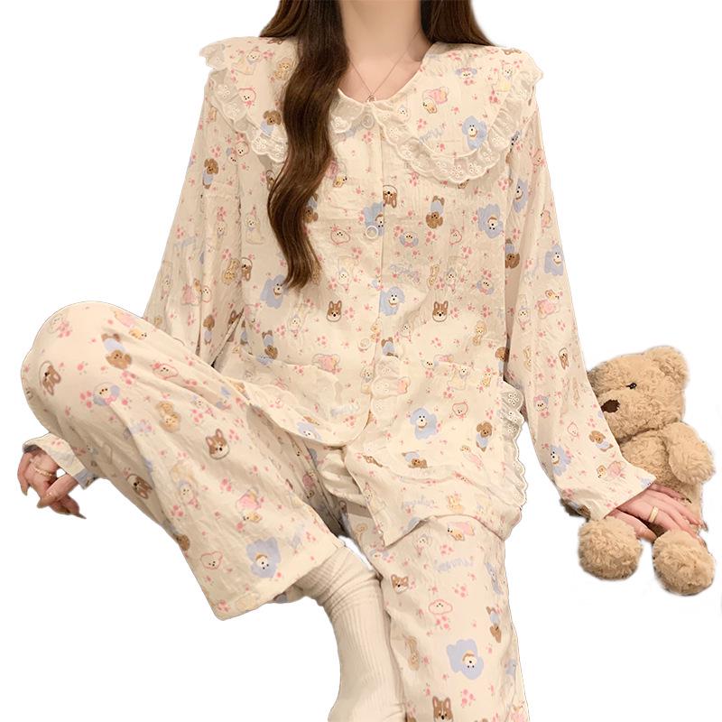 Women's Cartoon Lace Peter Pan Collar Cotton Pajamas - Long Sleeve, Spring/Fall, Winter Style