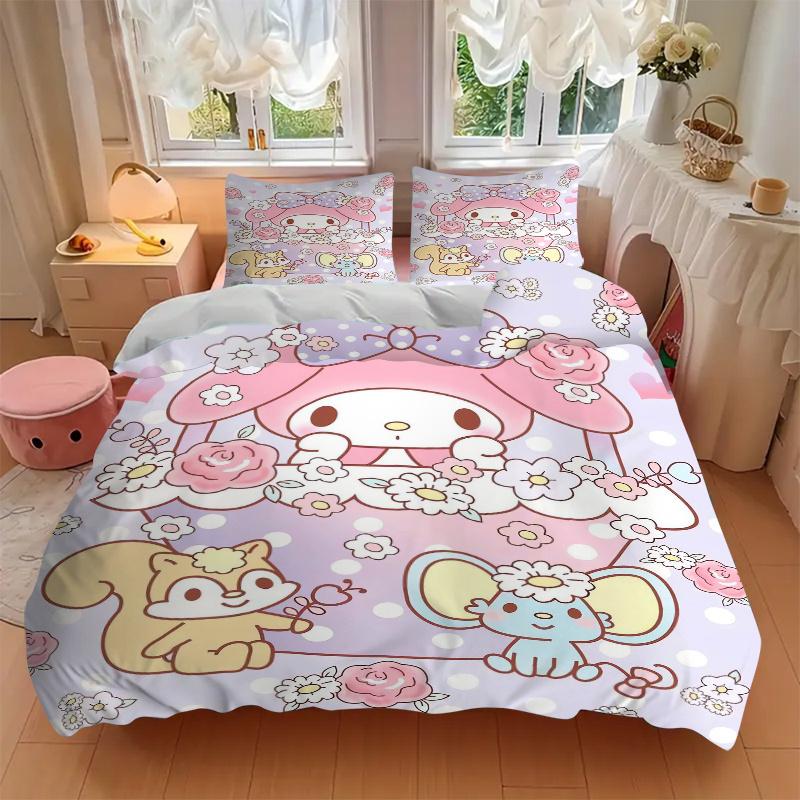 3pcs My Melody and Small Animals Pattern Bedding Set, 1* Cover + 2*Pillowcases, Printed Bedding Set, Soft and Comfortable.W068