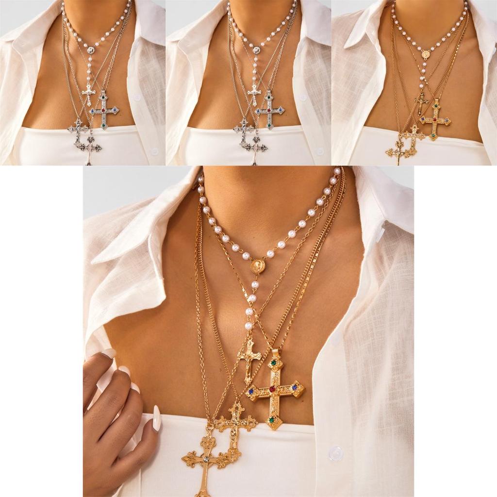 Collier Pendentif Croix Pour Femmes Avec Design Géométrique en Alliage Et Ornements Inspirés de la Nacre Pour un Style Mode Décontracté