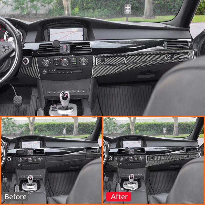 Lišta pro dekoraci středového panelu spolujezdce z uhlíkových vláken, samolepka pro dekoraci interiéru pro BMW řady 5 E60 2004-2007