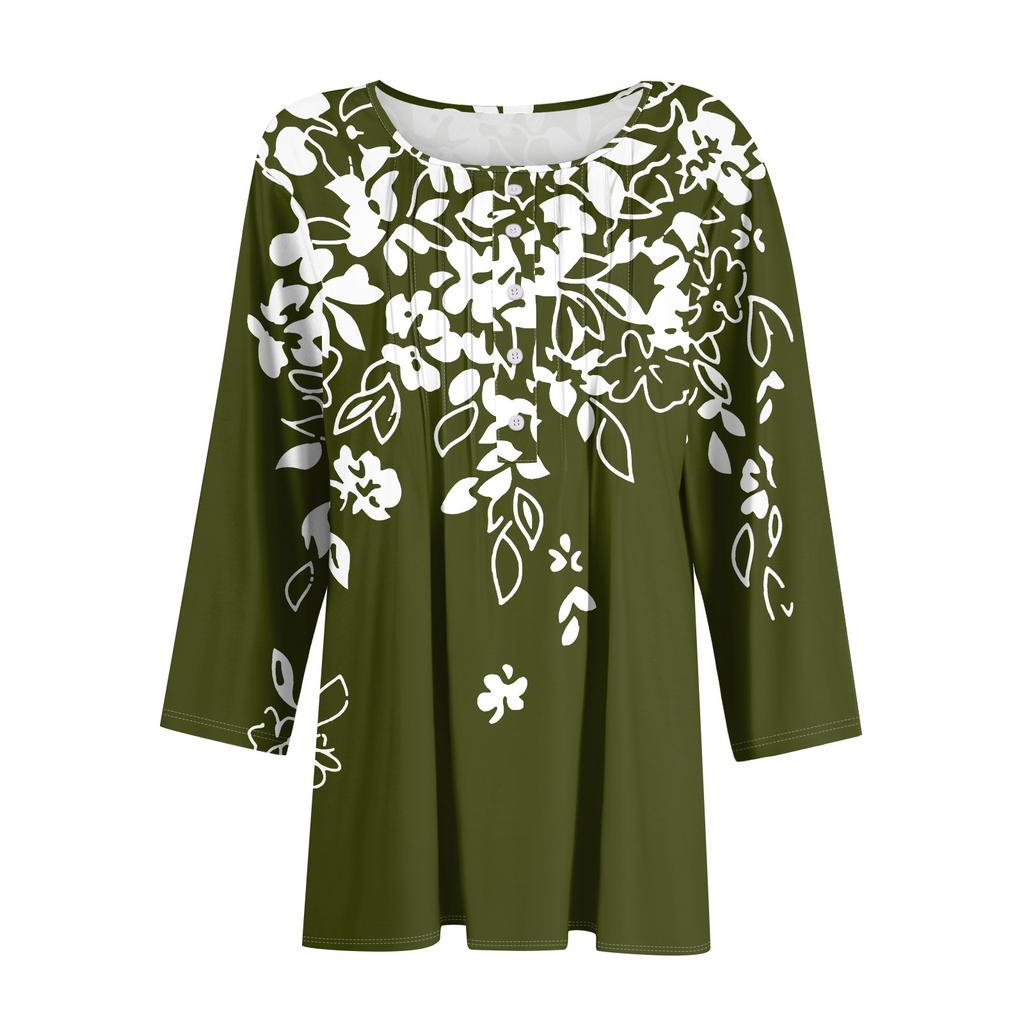 Women's Round Neck Pull Stripe Decorative Button Top Casual Color 3/4 Sleeve T Shirt