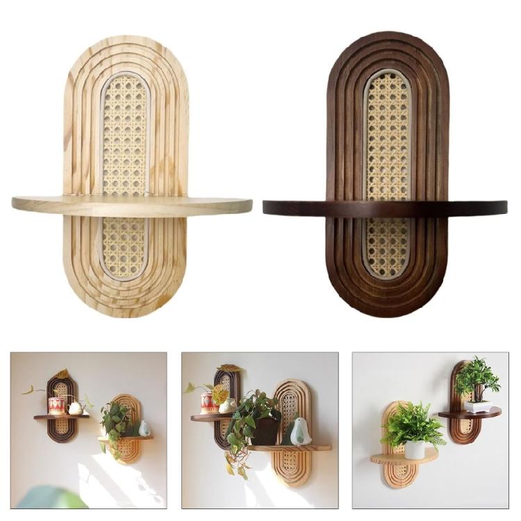 Stylish Rattan Wall Shelf With Wooden Arched Floating Display Stand For Home Decors Plant Decorative Items Hanging Shelf