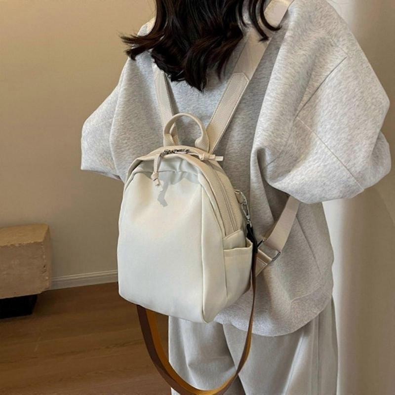 Womens Nylon School Backpack Simple Solid Color Adjustable Strap Zippered Crossbody Bag Multi Pockets Shoulder Book Bag  Black