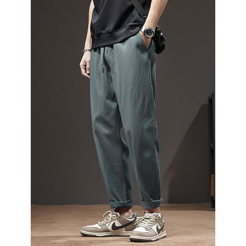 Summer Thin 100% Pure Linen Pants for Men, Loose Straight Cotton-Linen Cropped Pants, Export Men's Casual Long Pants