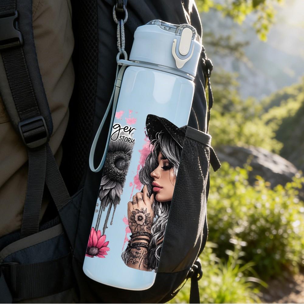 1PC Two Woman Dark Portrait Print 750ml Color Plastic Sports Water Bottle Leakproof Flip Straw Lid Suitable for Sports Office Home Use