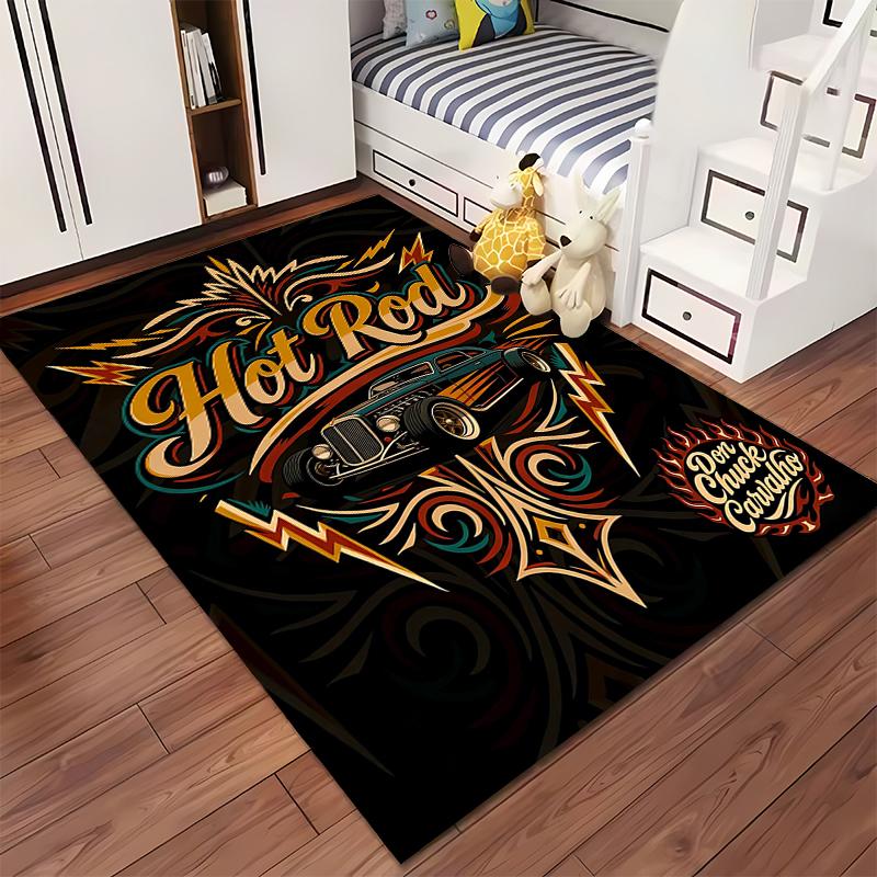 "Hot Rod Themed Carpet with Vintage Car and Flame Design Print" Suitable for use as an anti-slip for living room bedroom sofas