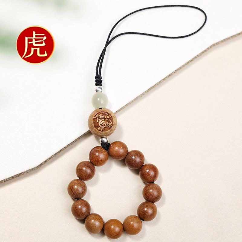 New model of 12 zodiac signs mobile phone chain for women, made of old peach wood, with old sandalwood mobile phone case lanyard and keychain