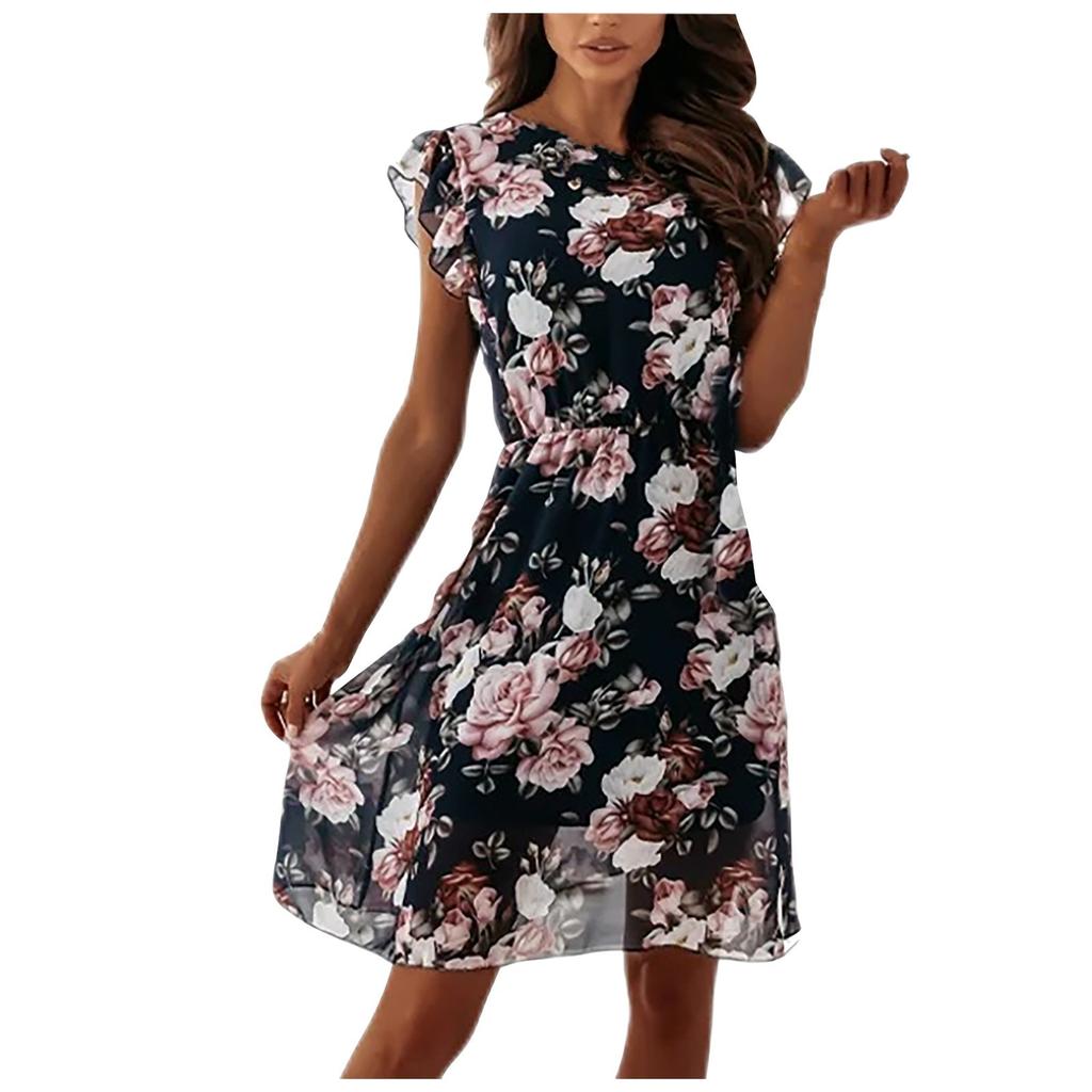 Women's Fashion Casual Sexy Chiffon Print Round Neck Ruffle Sleeveless Dress