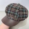 Wool Plaid Octagonal Hat for Women in Autumn and Winter PU Leather Versatile Retro Beret Temperament Fashionable Literary Painter Hat