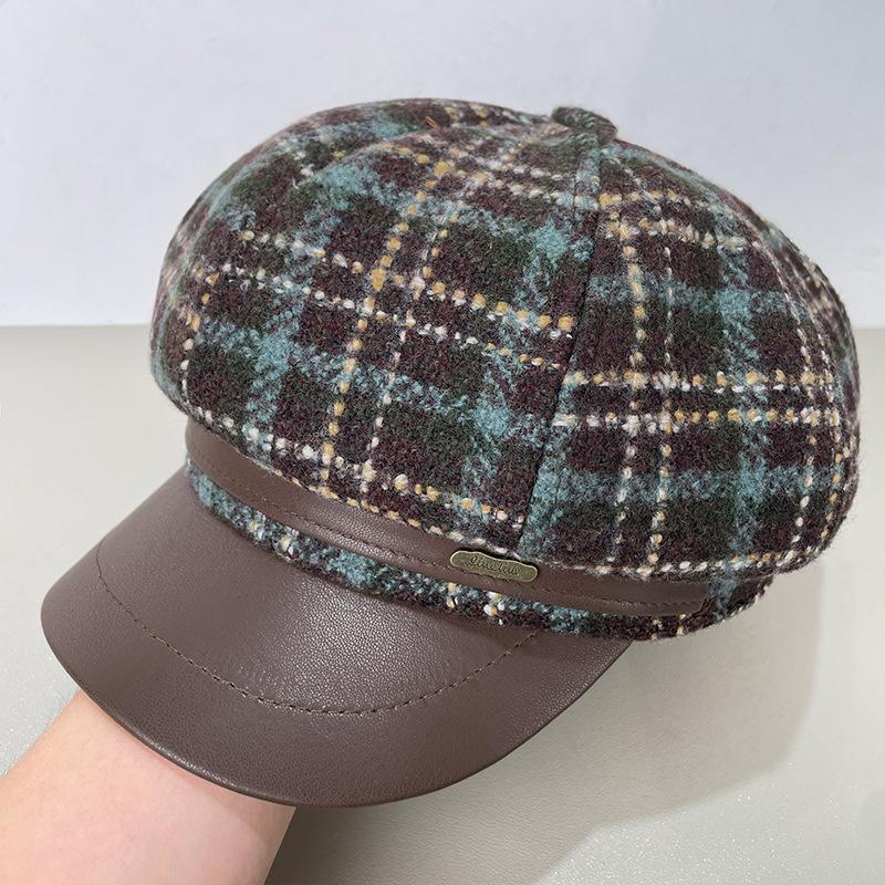 Wool Plaid Octagonal Hat for Women in Autumn and Winter PU Leather Versatile Retro Beret Temperament Fashionable Literary Painter Hat