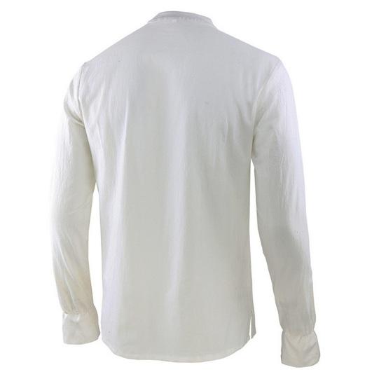 Spring Autumn Men Shirt Lace-up Stand Collar Long Sleeves Solid Color Loose Retro Medieval Mid Length Casual Cosplay Performance Top