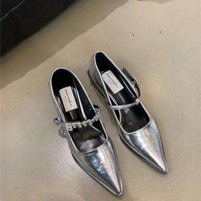 Mode 2024 Nouveau Style Chaussures en Cuir Argenté Mode Pointu Talon Bas Mary Jane Chaussures Décontractées pour Femmes