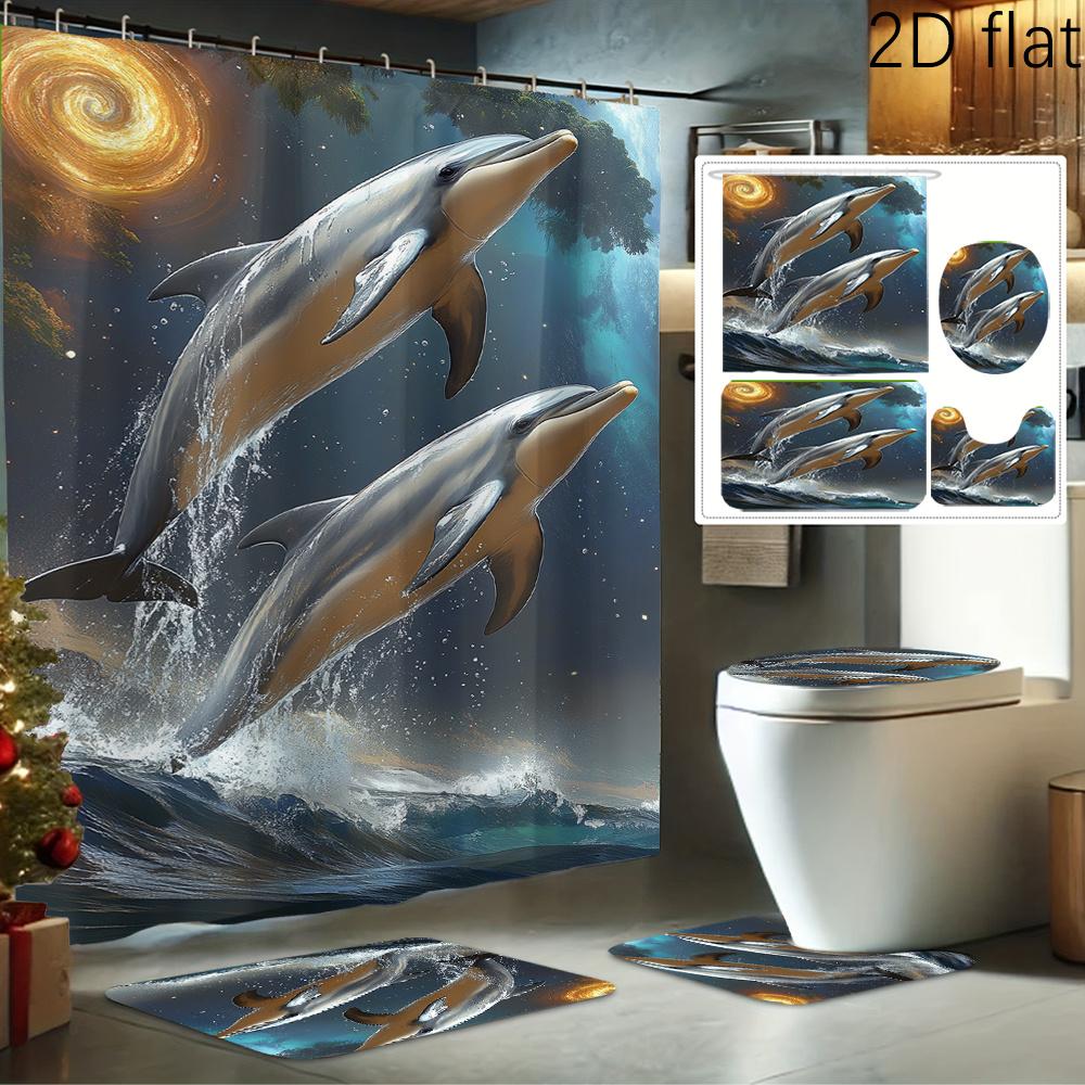 

2Dflat 4pcs Dolphin Leaping Waves Sunset Print Shower Curtain Set, Decorative Bathroom Set Includes Shower Curtain, Non-Slip 90x180cm
