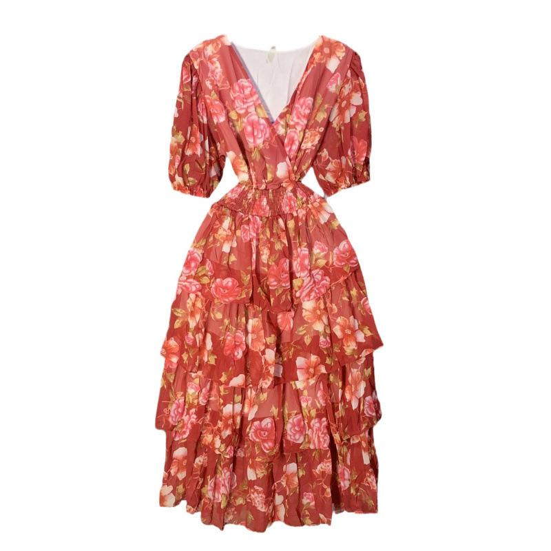 V-neck bubble sleeve printed dress women's summer new women's clothing high-end pleated cake skirt elegant style