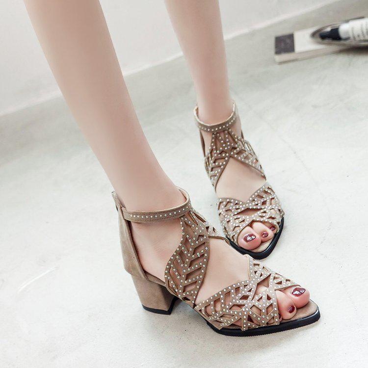 Women Summer Hollow Out Faux Leather Rhinestones Thick Heel Zipper Sandals Shoes