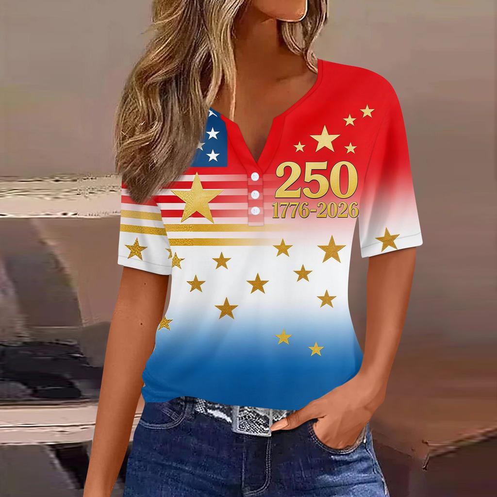 Damen-T-Shirt mit Aufdruck „Unabhängigkeitstag“ und Knopfleiste, kurzärmelig, für den Alltag und das Wochenende, modisch, Basic, V-Ausschnitt, normales Oberteil