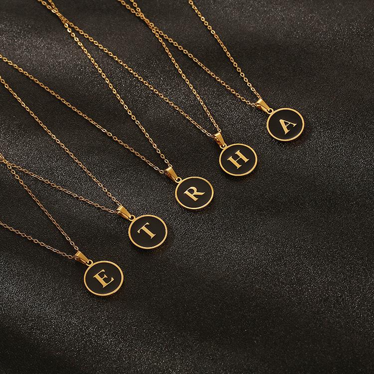 English letter oiled necklace, European and American trend titanium steel chain, round gold letter pendant collarbone chain