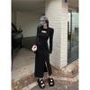 Black dress women's spring and autumn waist design temperament Muse Fan hollow pure split skirt