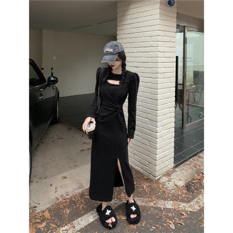 

Black dress women s spring and autumn waist design temperament Muse Fan hollow pure split skirt 3XL
