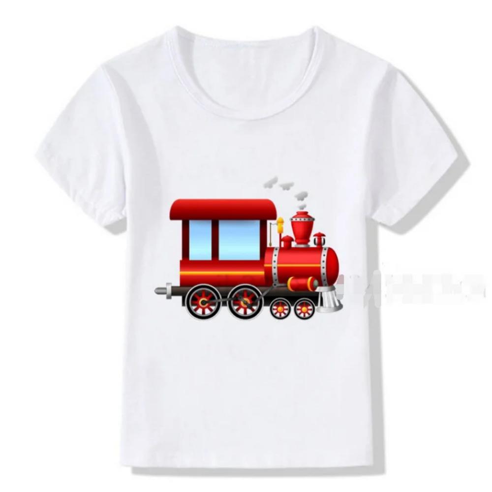 Cartoon Freight Train Baby Boys White T-shirt Funny Summy Kids Fashion Streetwear Tops for Favorite Child