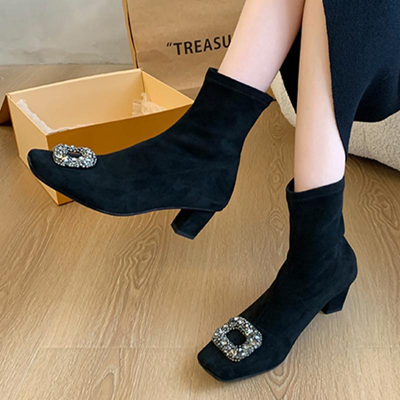 Suede Women Ankle Boots Chunky Crystal Fashion Mid Heels Shoes Winter 2024 New Trend Elegant Pumps Woman Snow Short Botas Mujer