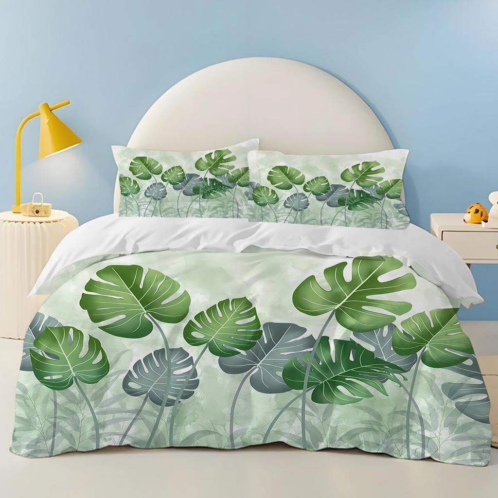 Comforter Green Plants Flamingos Anime Bedding Set Polyester Suitable For Children And Adults 3-Piece Set