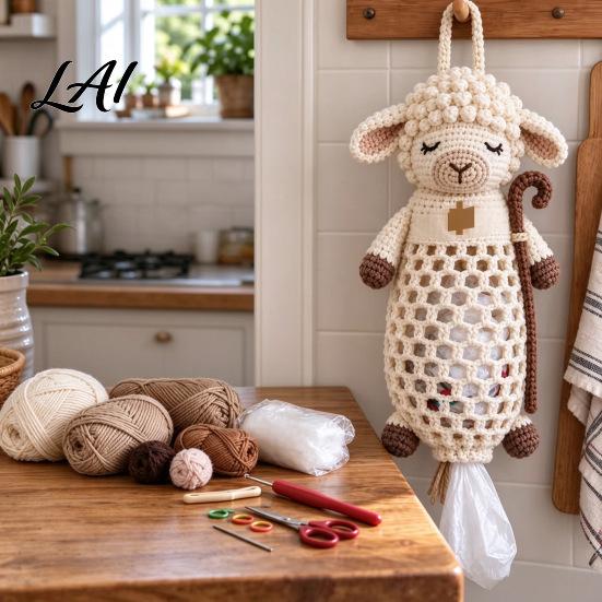 Seasonal Craft Kits Crochet Animal Bag Holder DIY Kit Hanging Plastic Make Easy Patterns Cute Raccoon Highland Cow Organizer for Home Kitchen Decor,