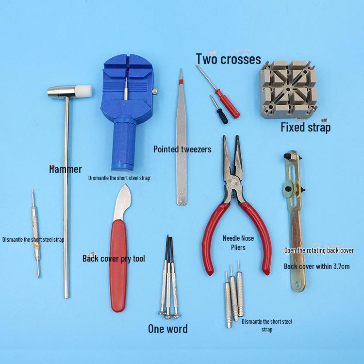 16-Piece Watch Repair Tool Set: Strap & Back Cover Removal, Chain Adjustment Tools.