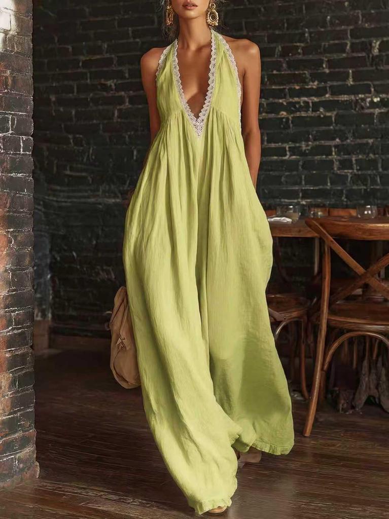 2026 Europäischer & Amerikanischer Lässiger Eleganter Leinen-Jumpsuit mit Spitzenbesatz