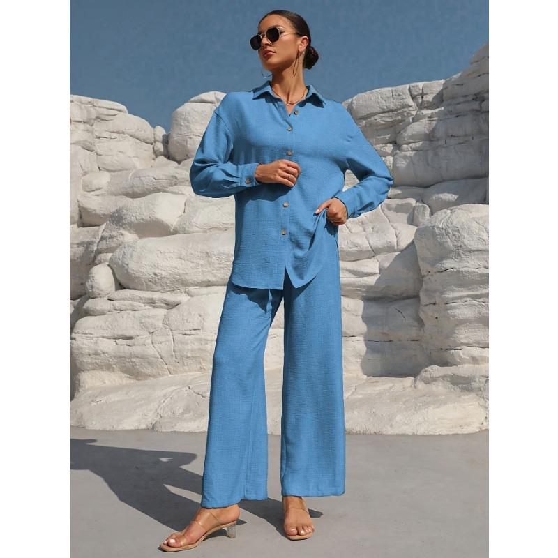Women's Fashion Solid Color Collar Button Long Sleeve Top Elastic Waist Straight Pants Casual Set