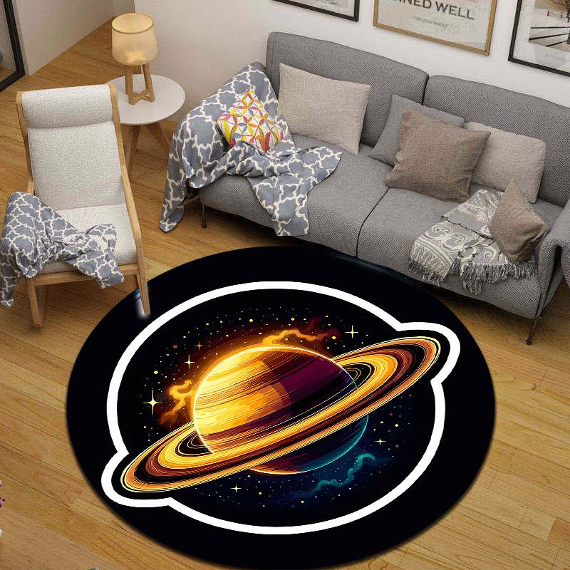 Cute Saturn Planet Ring Black Round Rug, Gold Cozy Style, Perfect for Small Apartment Balcony and Terrace with Cozy with Warmth with Cool Shade