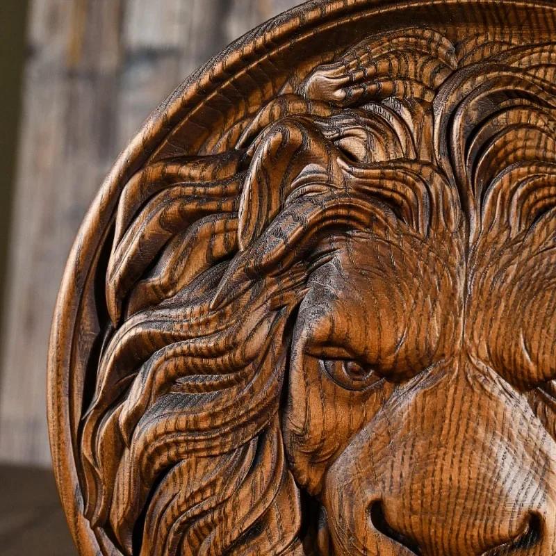 Vintage Wood Carving Animal Lion Head Crafts Wall Hanging Plaque, Retro Carving Home Decor