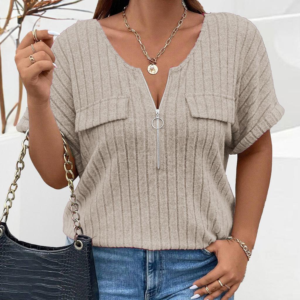 Frühling und Sommer Einfarbig Große Größe frauen Tops Zipper Kurzarm Gefälschte Tasche Pullover Lose T-Shirt