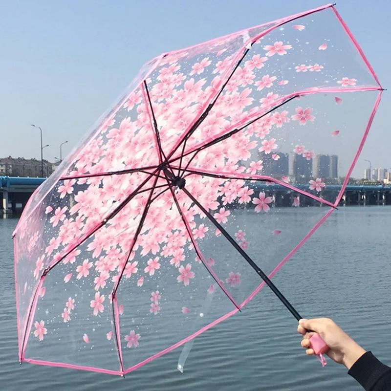 1PC Three-Fold Beauty Cherry Blossom Transparent Umbrella Rainproof Fold Umbrella Handheld Windproof