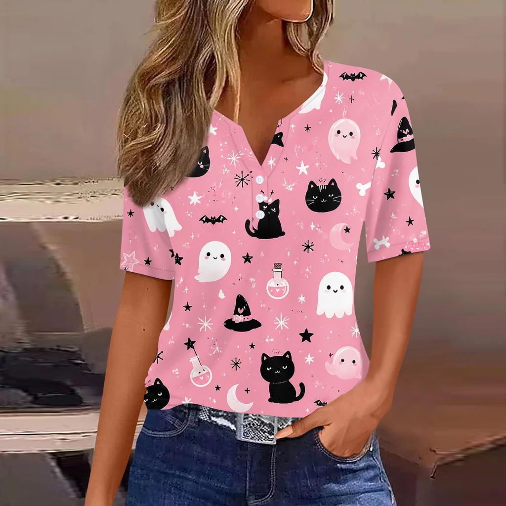 Women Casual Halloween Print V Neck Short Sleeve Button T Shirt Top Lightweight Breathable Soft Fabric Relaxed Fit