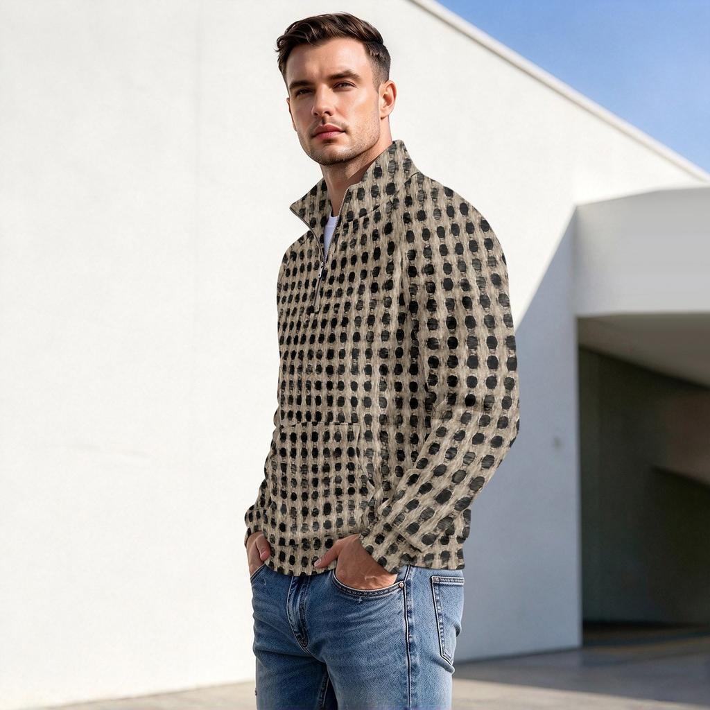 Men's Fall Winter Polka Dot Print Zip Pullover with Stand Collar, Casual Wrinkle- Athletic Top