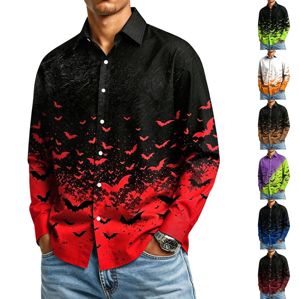 Men's Long Sleeve Button Down Halloween Print Shirt for Party Costume