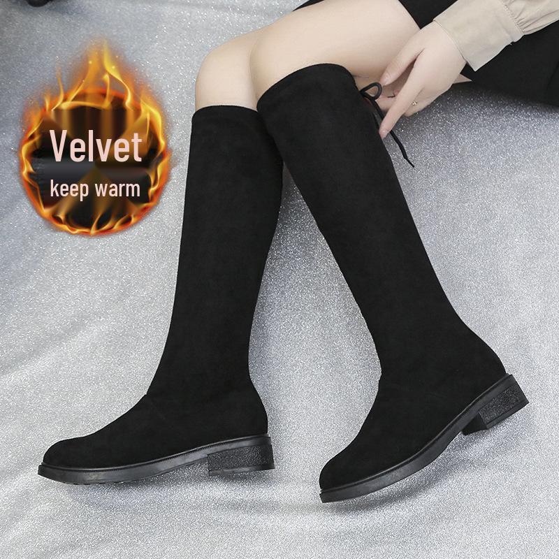 2025 Autumn Women's Black Over-the-Knee Knight Boots with Thick Soles and Elastic Detail