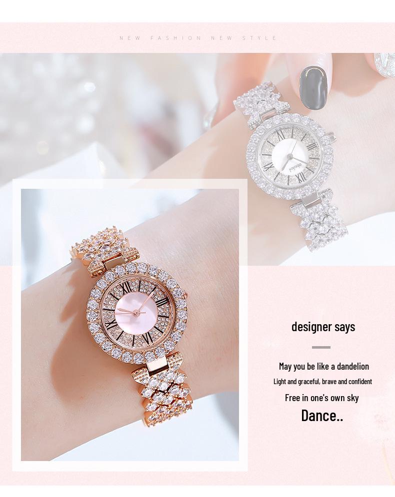 Diamond-Studded Minimalist Quartz Bracelet Watch with Pearl - Elegant and Luxurious Fashion Gift