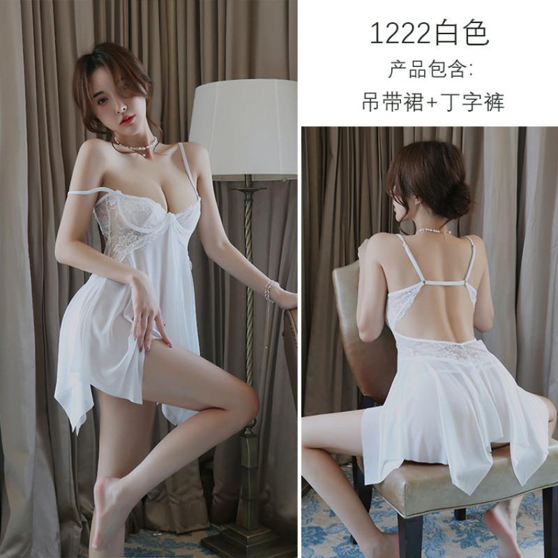 

Long Night Sexy Lingerie Lace Seduction Pajamas Sexy Steel Pallets Gather Front Split Pajamas Women s Uniform One size fits all ( 40-60kg )
