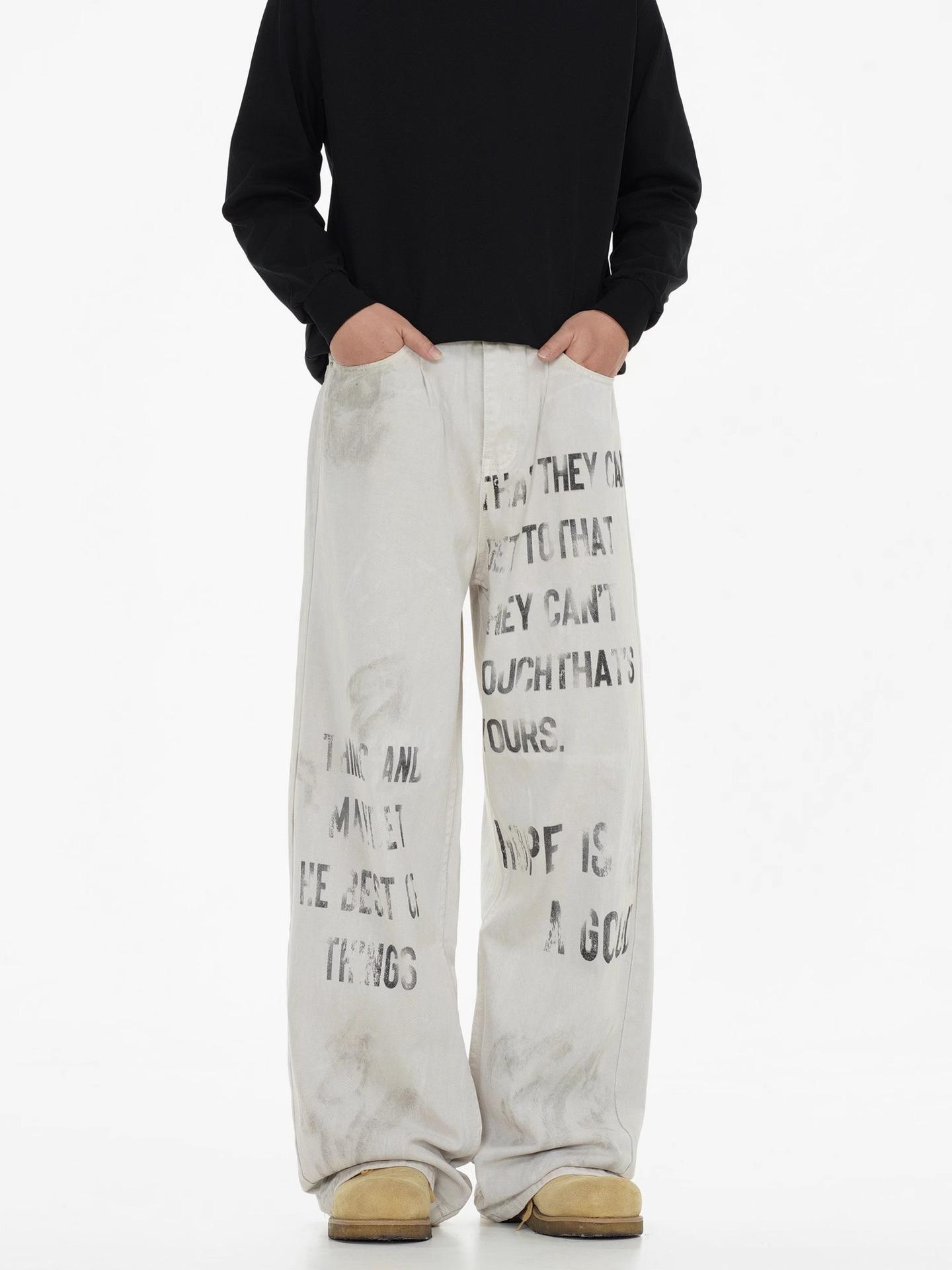 Мужские прямые джинсы JYL Американский винтаж Грязный принт Нишевые Свободные прямые джинсовые брюки S