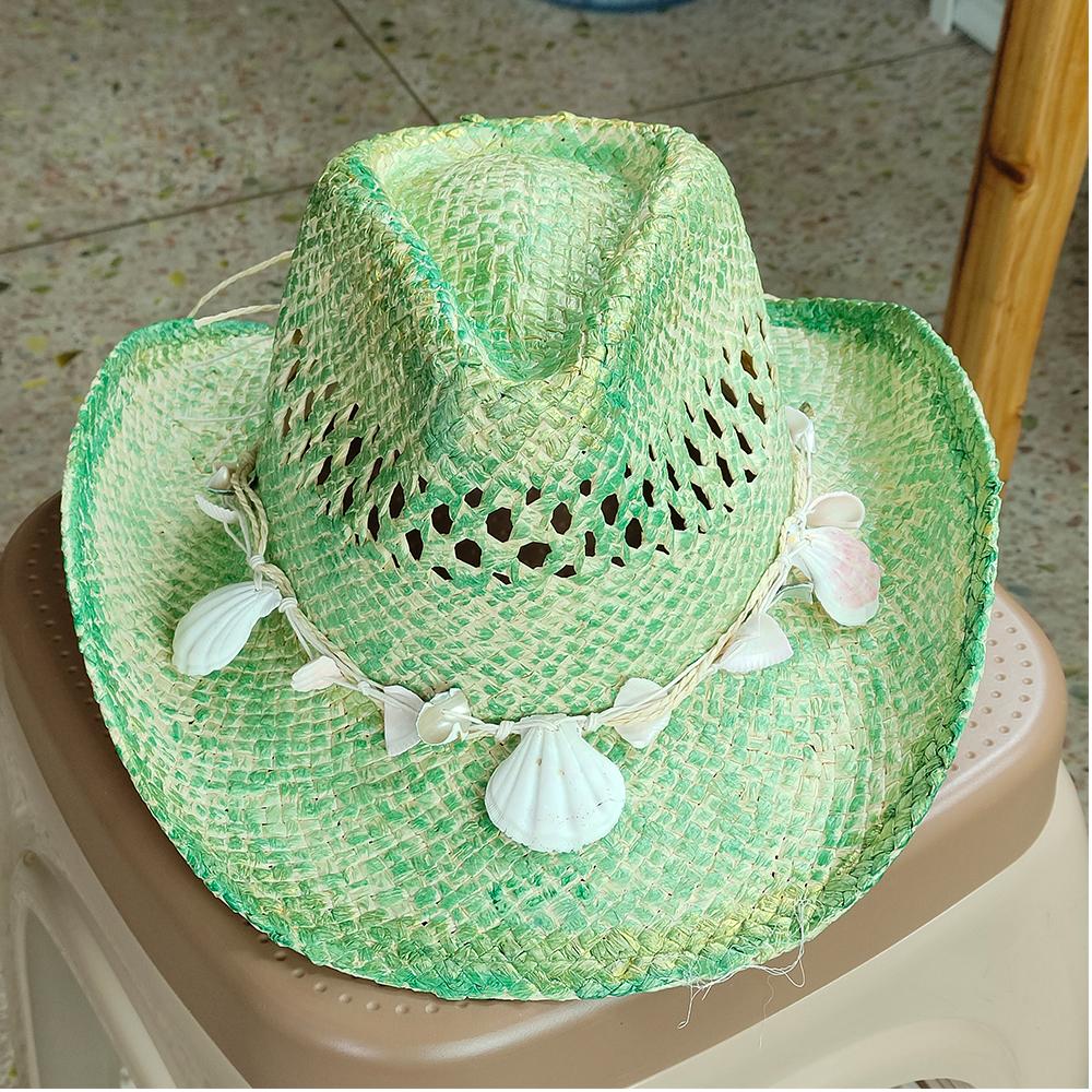 Hand-painted Hollow Woven Western Cowboy Hat Men and Women Summer Outdoor Denim Hat Beach Sunscreen Paper Straw Hat Shell Chain