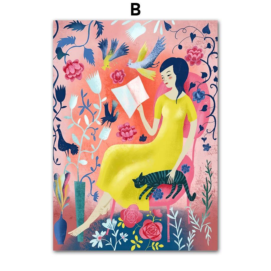 Boho Colorful Girl Vase Flowers Illustration Wall Art Canvas Painting Abstract Posters and Prints Pictures For Living Room Decor