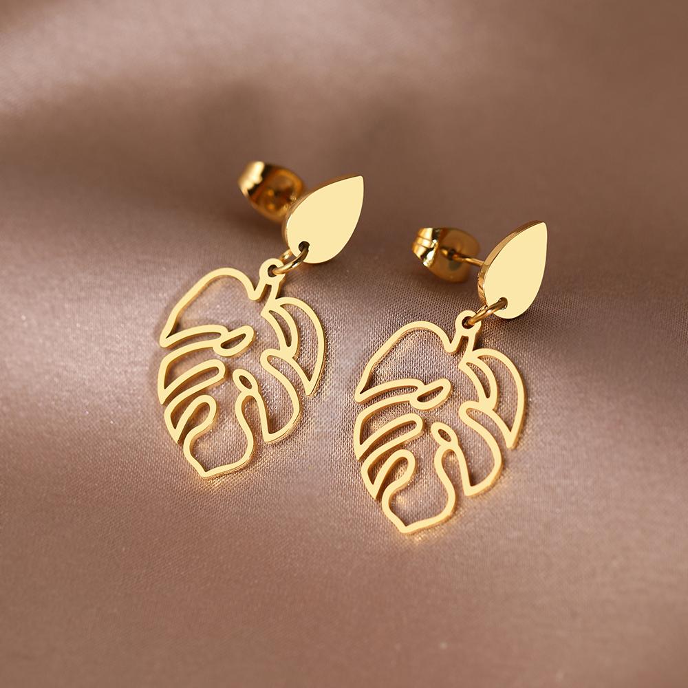 Stainless Steel Earrings Classic Vintage Water Drop Plant Leaves Fashion Pendants Earrings For Women Zircon Party Girls Gifts