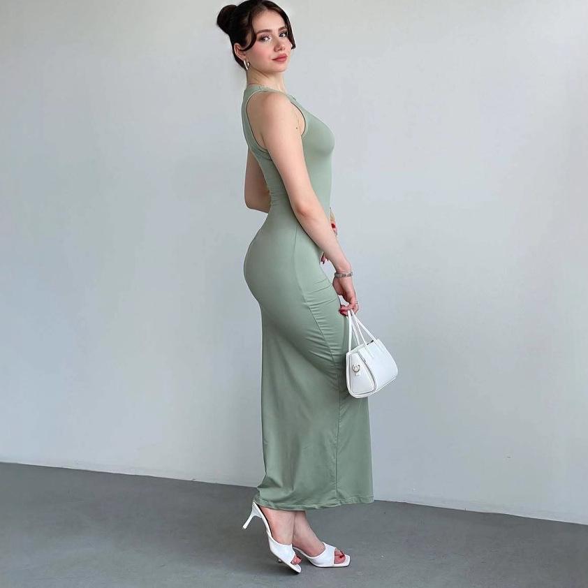 Letnia Casualowa Gładka Bezrękawnikowa Sukienka Długa Bodycon z Dekoltem w Szpic - Europejska i Amerykańska Modna Dopasowana