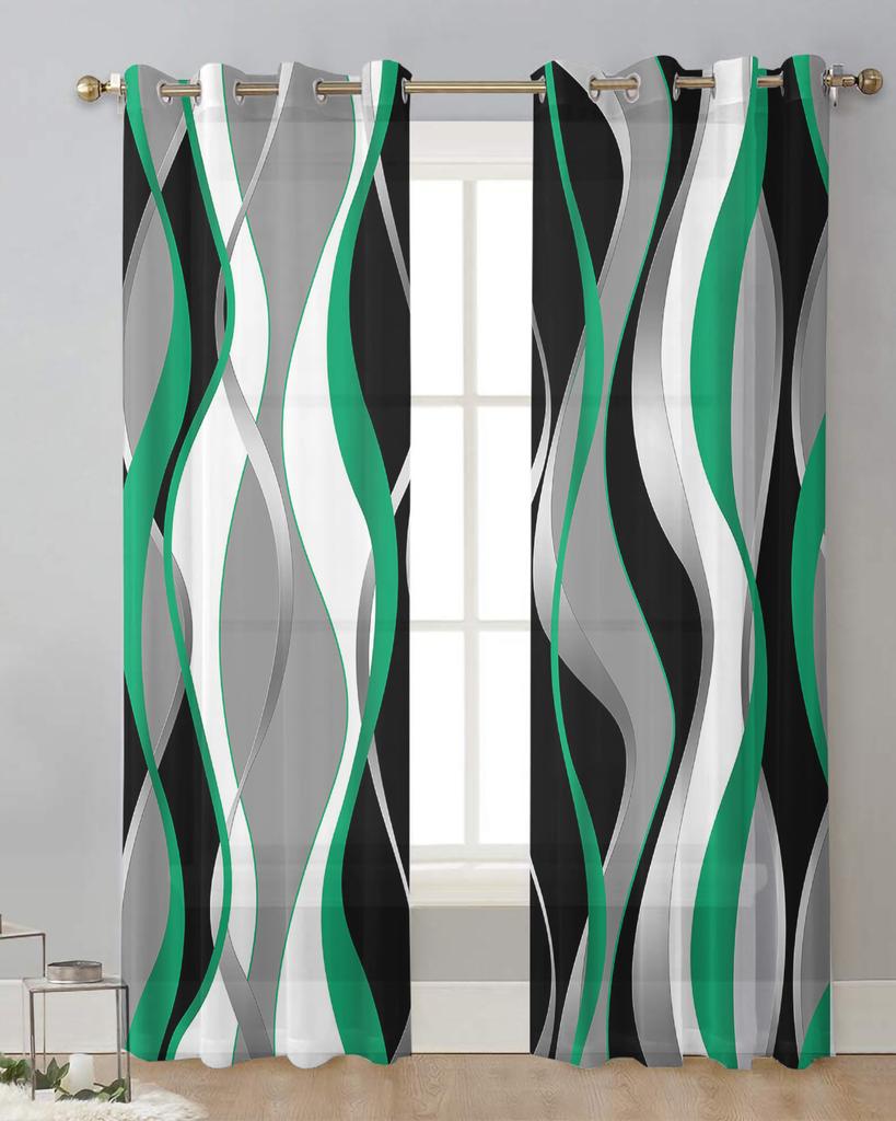 Solid Abstract Line Gradient Emerald Green Sheer Curtains for Living Room Decor Window Curtains Kitchen Tulle Voile Curtains