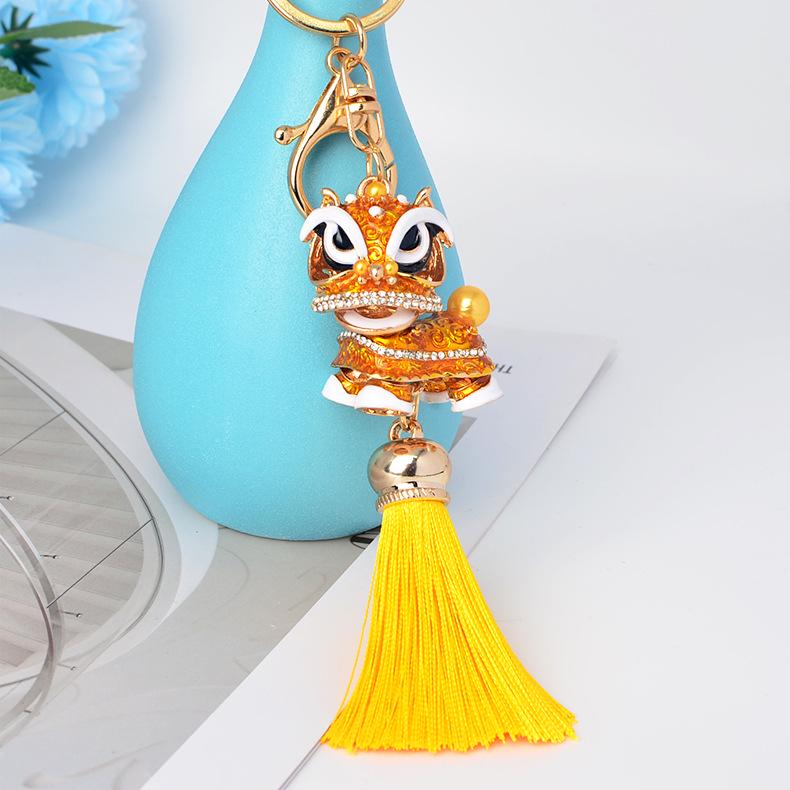 Chinese Red Tassel Dancing Lion Keychain with Rhinestone Charm