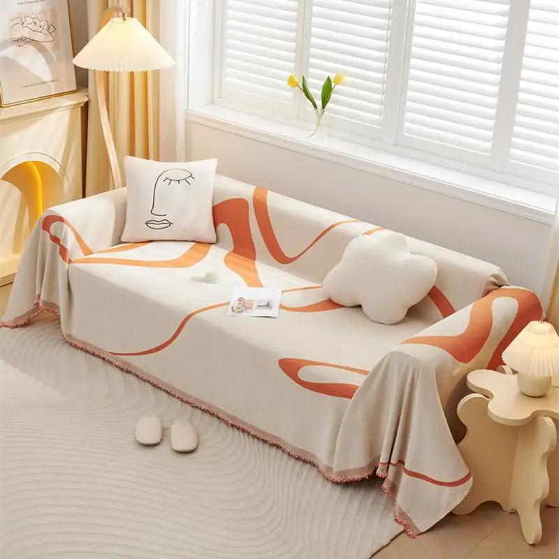 Modern Simple Sofa Towel Full Coverage One Piece Couch Protector Cover for Living Room Four Season Universal Tassel Blanket