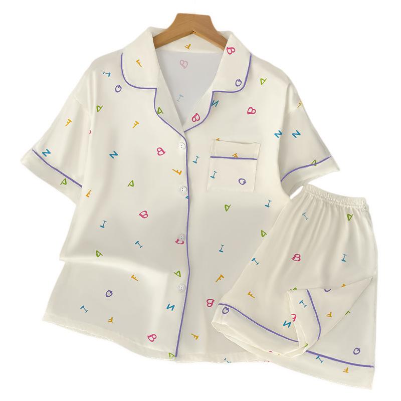 Simple Ice Silk Pajamas Women'S Summer Dopamine Letter Short-Sleeved Suit Lazy Style Loungewear
