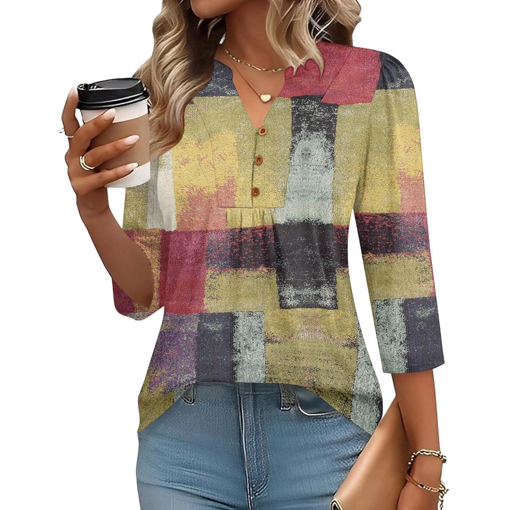 Women’s Fashion Loose Fit Three Quarter Sleeve Top with Button and Geometric Print for Casual or Daily Wear